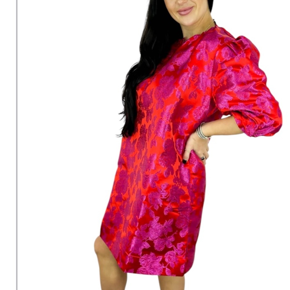 CARYN LAWN Asher Floral Jacquard Puff Sleeve Mini Dress Metallic Red Pink OS - Picture 8 of 15